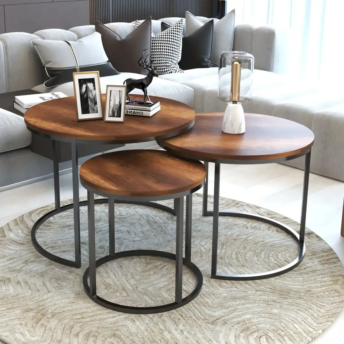 Modern Set of 3 Center Tables Set Unbreakable Tempered Black Glass Metal Leg Coffee Tables Living Room 3 Pcs Furniture Decor