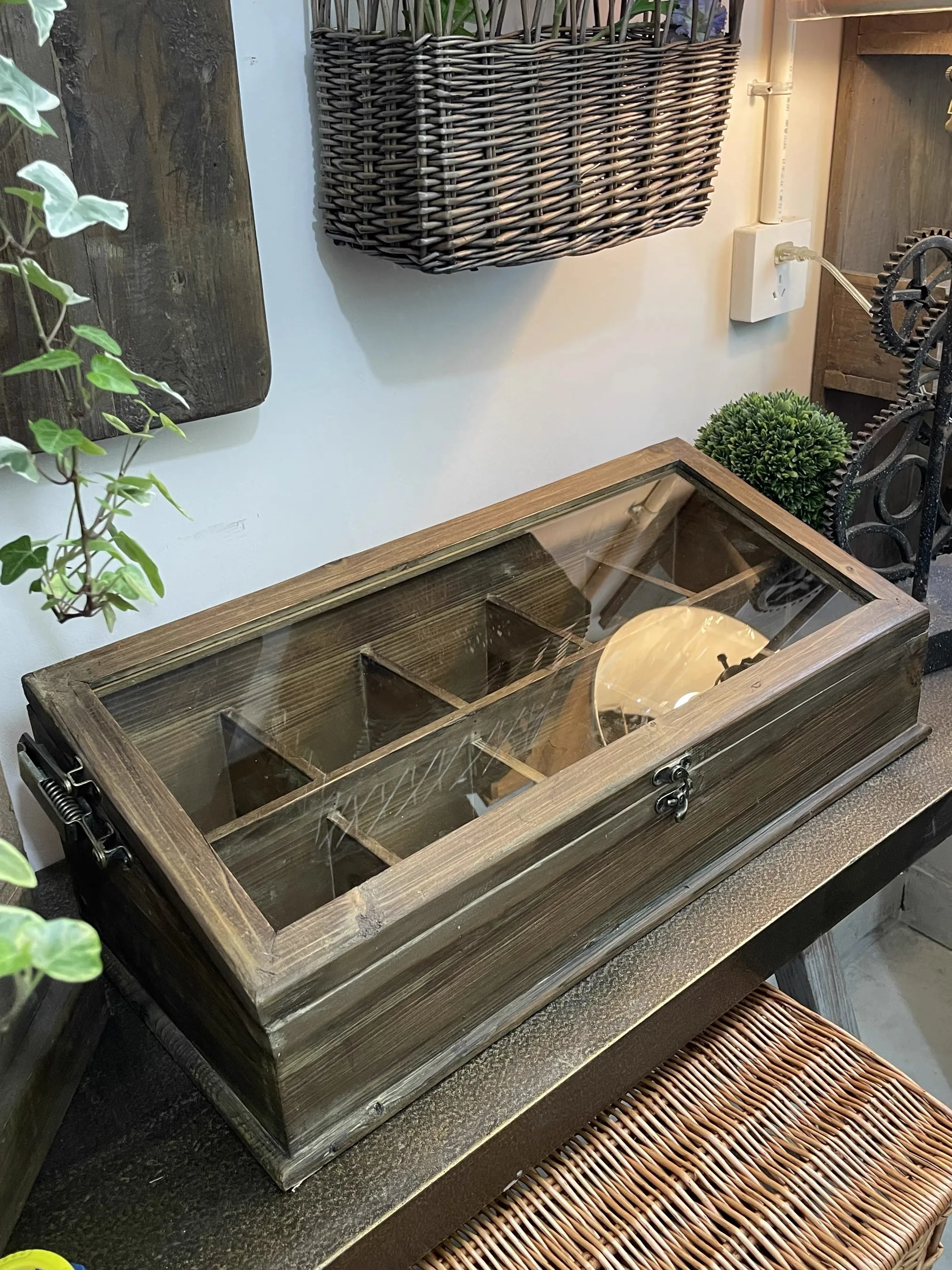 Vintage Rustic Wooden Jewelry Box with Glass Lid, 10-Compartment Tea Bag Keepsake Display Organizer, 62cm