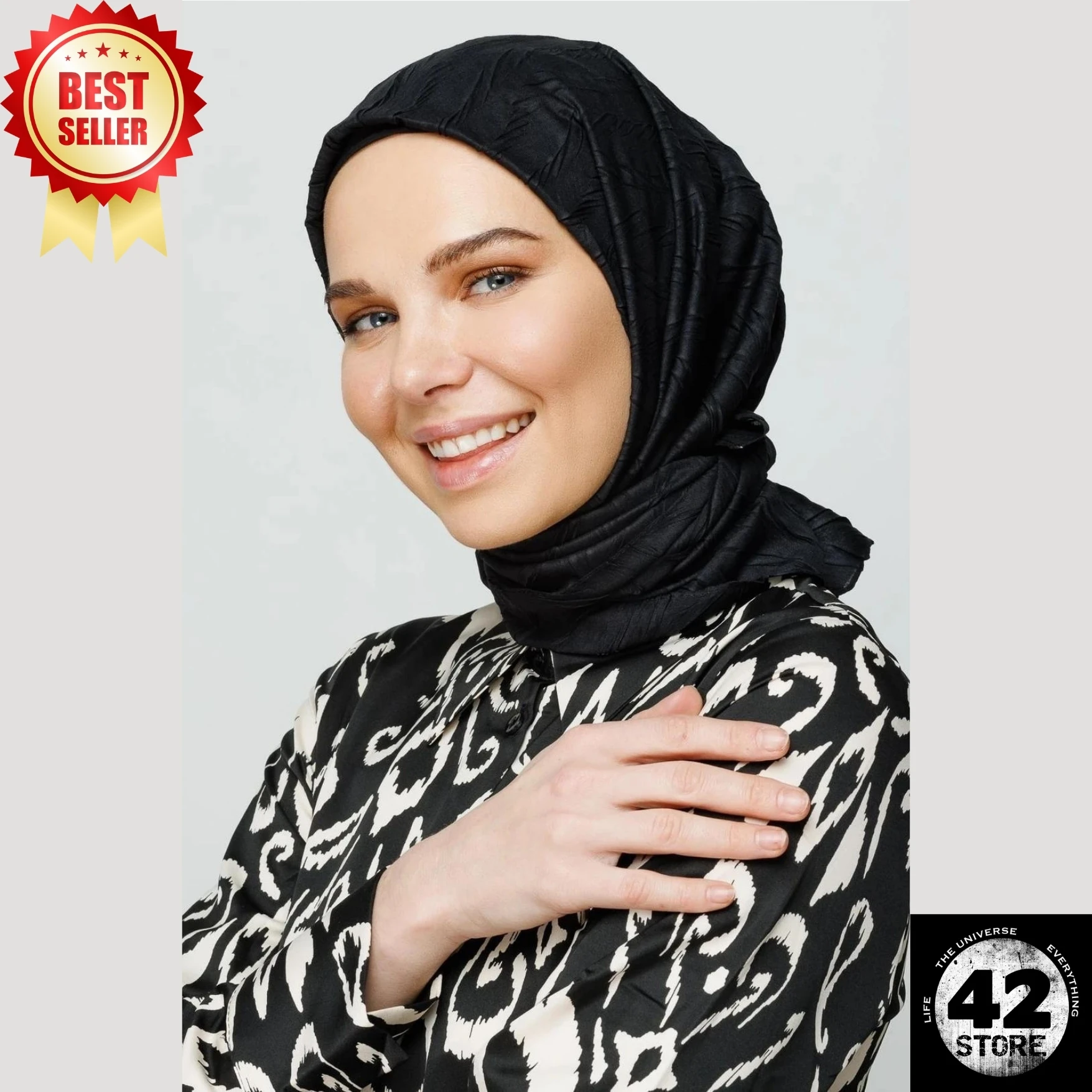 

No Ironing Required, Can Be Used Without A Cap, Comfortable, Trendy Pleated Black Bamboo Scarf