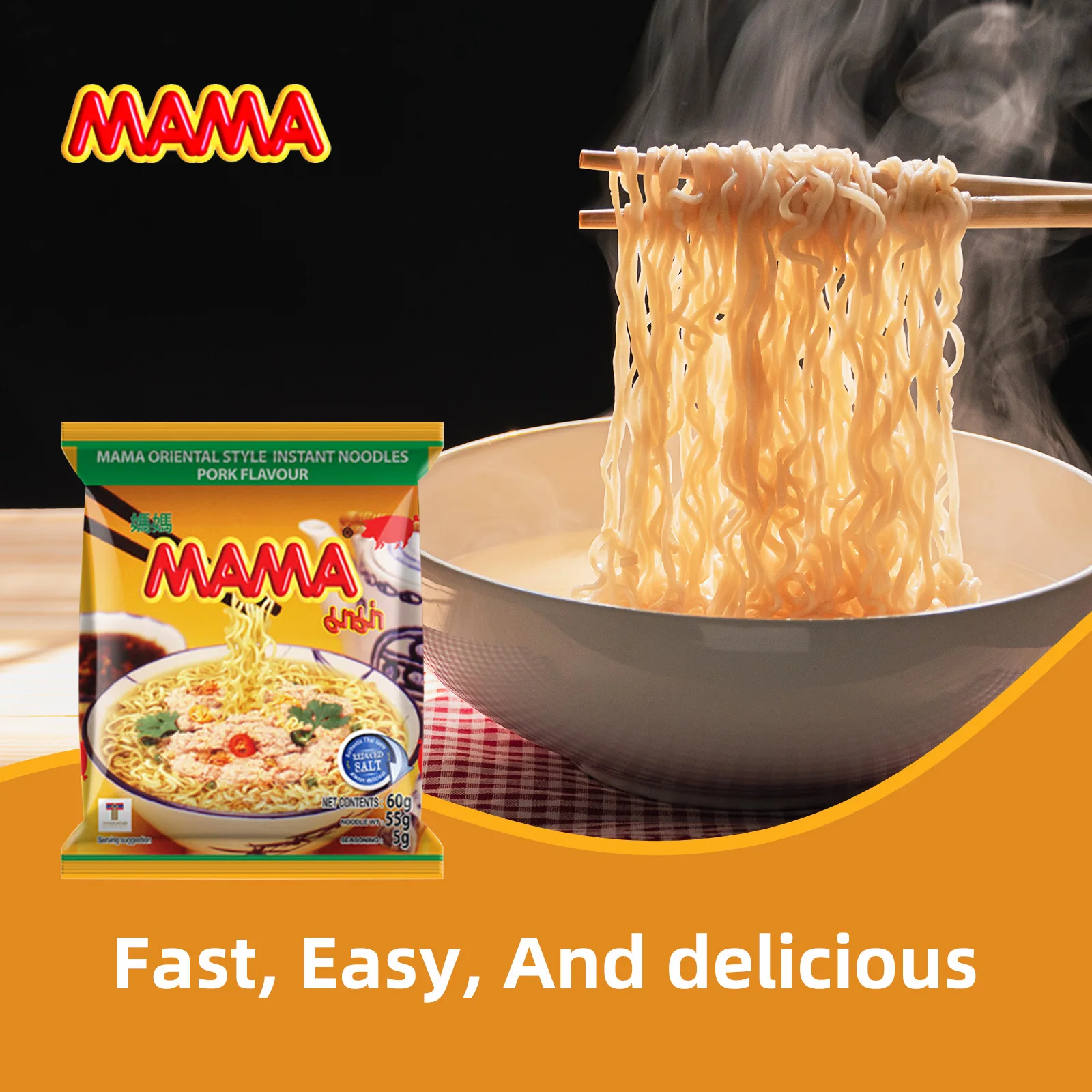 Mama-fideos instantáneos de estilo Oriental, sabor a cerdo, 60g x 30