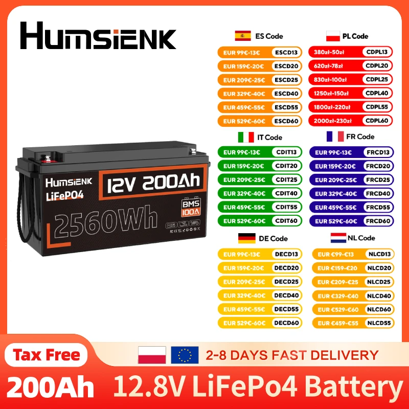Batteria Humsienk 12V 200Ah LiFePO4 100A BMS 15000 cicli Protezione a bassa temperatura 2560Wh per camper/marino/UPS/accumulo domestico/off-grid