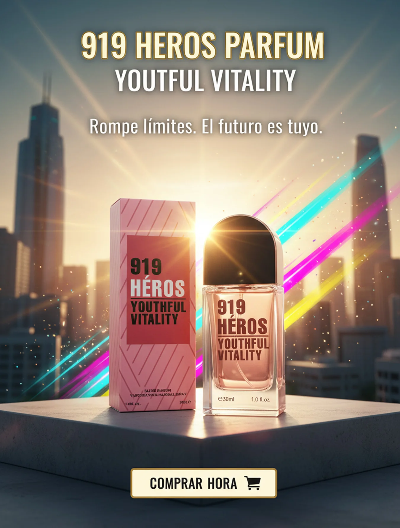 Perfume 919 HÉROS Youthful Vitality (30ml) - Fragancia fresca y estimulante con notas cítricas, vegetales y sutiles toques maderos, creada para quienes viven con energía y libertad, plasmando la fuerza de la juventud