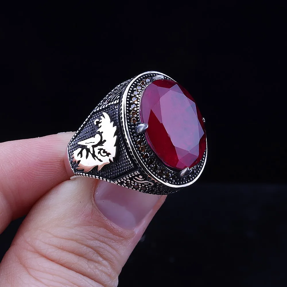 Stamped Solid 925 Sterling Silver Eagle Motif With Red Zircon Men's Ring High Quality Handmade SilverJewelry Turkish For Men