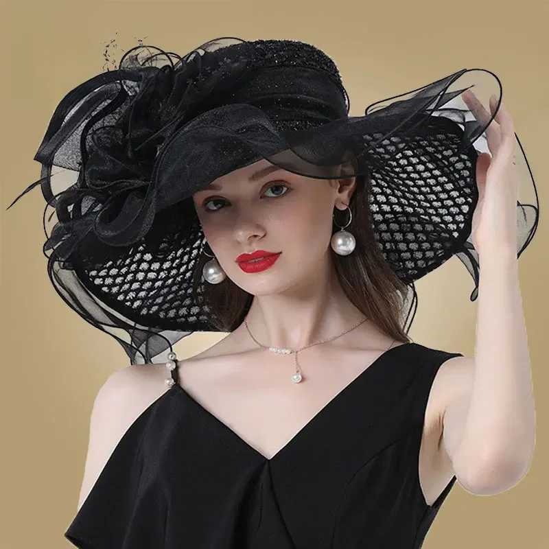 Damskie czapki z organzy panna młoda fascynatory eleganckie duże Fedora z szerokim rondem Kentucky Derby kapelusze imprezowe formalne damski kapelusz kościelne — zdjęcie 2