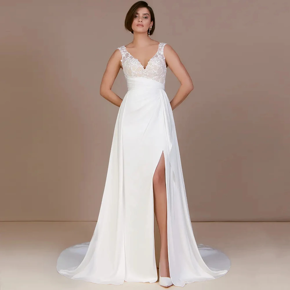 Customized Classic Satin Wedding Dress 2023 A Line Appliques V Neck Sleeveless Bridal Gowns With Side Split And Button Back Cour