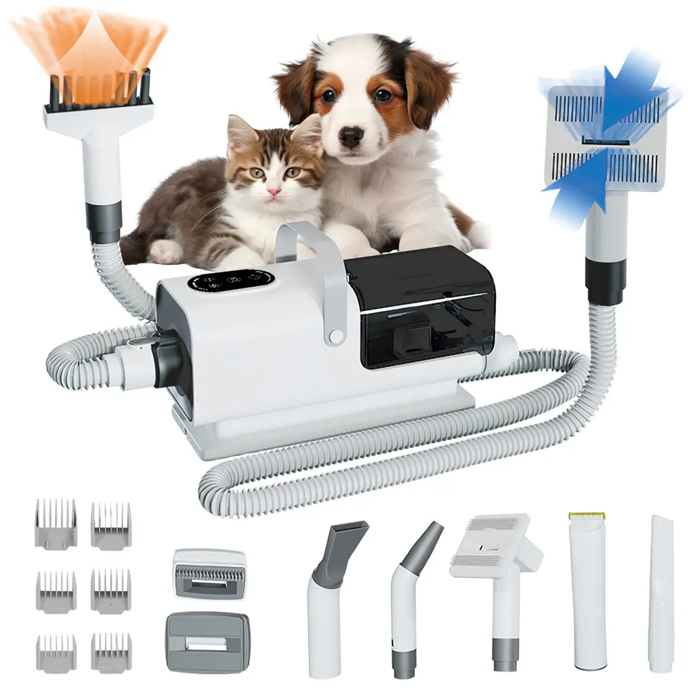 8-in-1 Haustierpflege-Set Hundehaartrockner mit 3-Stufen-Geschwindigkeitsregelung, Blas- und Saugfunktion, Touchscreen-Steuerung, Haarschneidemaschine für Haustiere