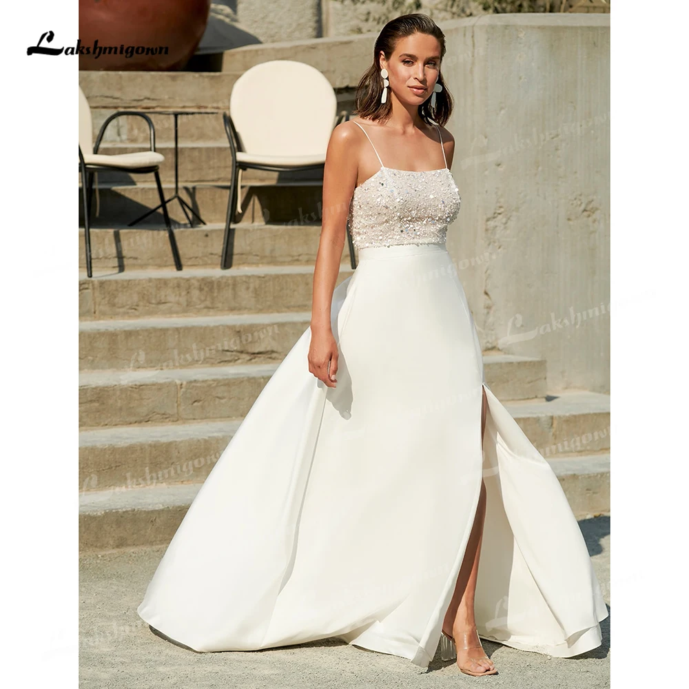 Lakshmigown spalline sottili con paillettes spacchi laterali superiori con tasca una linea abito da sposa per le donne 2025 Boho abito da sposa vestidos