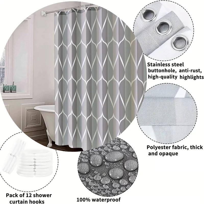 1pc Gray Polyester Shower Curtain with Hooks, Waterproof Bathroom Shower Curtain, Fabric, Machine Washable, 71x71in