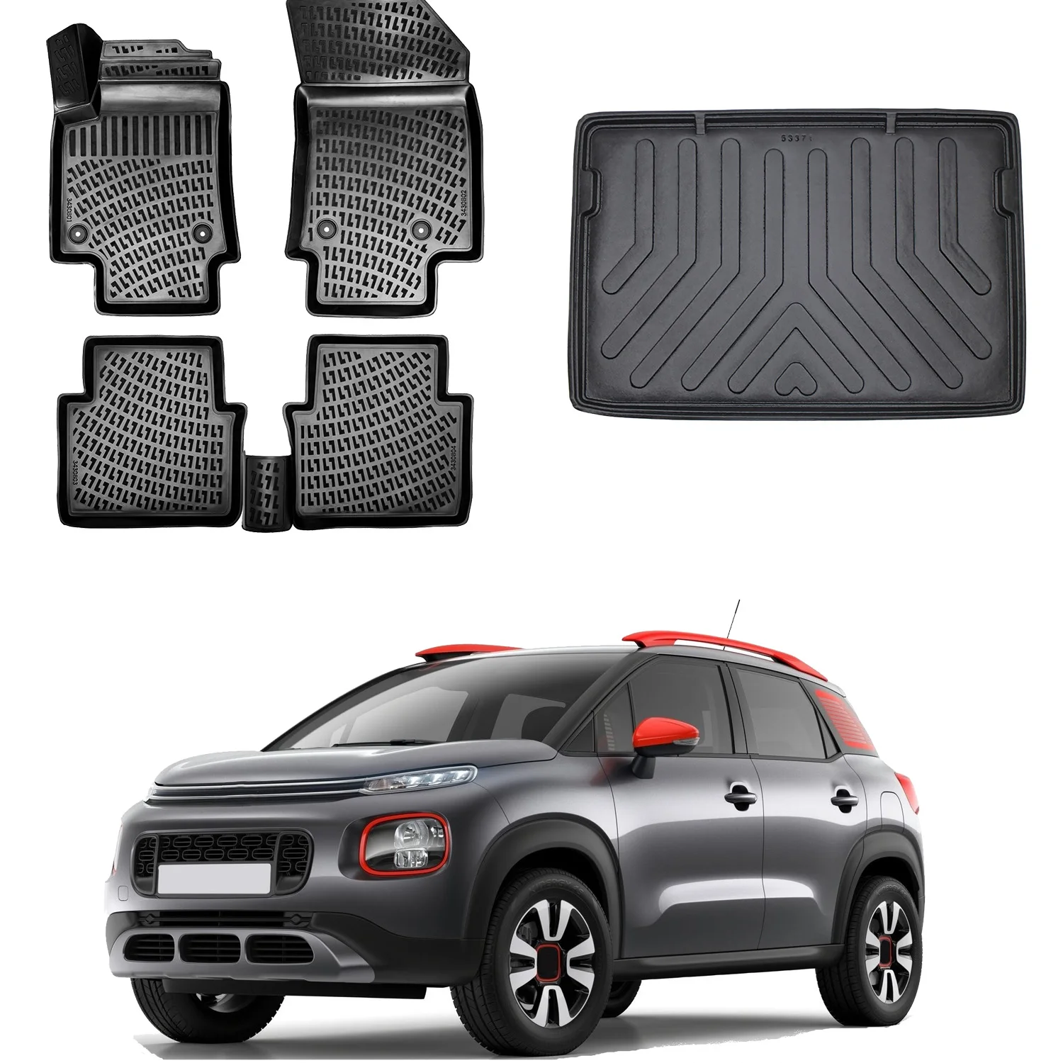 Floor Mats + Cargo Trunk Liner Fits Citroen C3 Aircross 2017-2024 Set - All Weather Maximum Coverage - Water Resistance