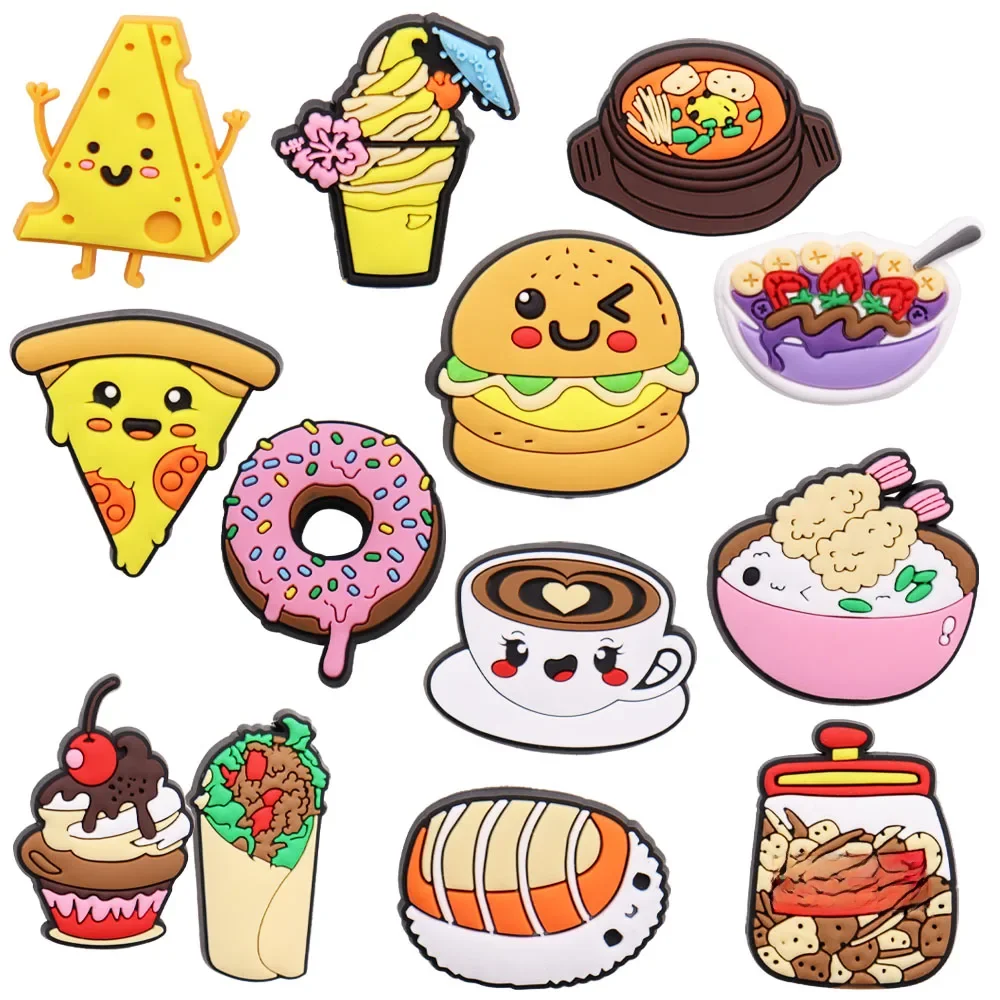 Breloques de chaussures en PVC Kawaii, nourriture, fromage, clics, soupe, pizza, matut, burger, café, riz, gâteau, sushi, strass, sandales, décoration, 1 pièce