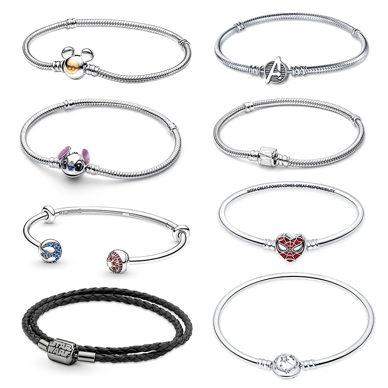 

Популярный браслет Disney из стерлингового серебра 925 пробы, браслет с подвесками 17-20 см, браслет с сердечками и цирконием для женщин, украшения с подвесками своими руками, подарок