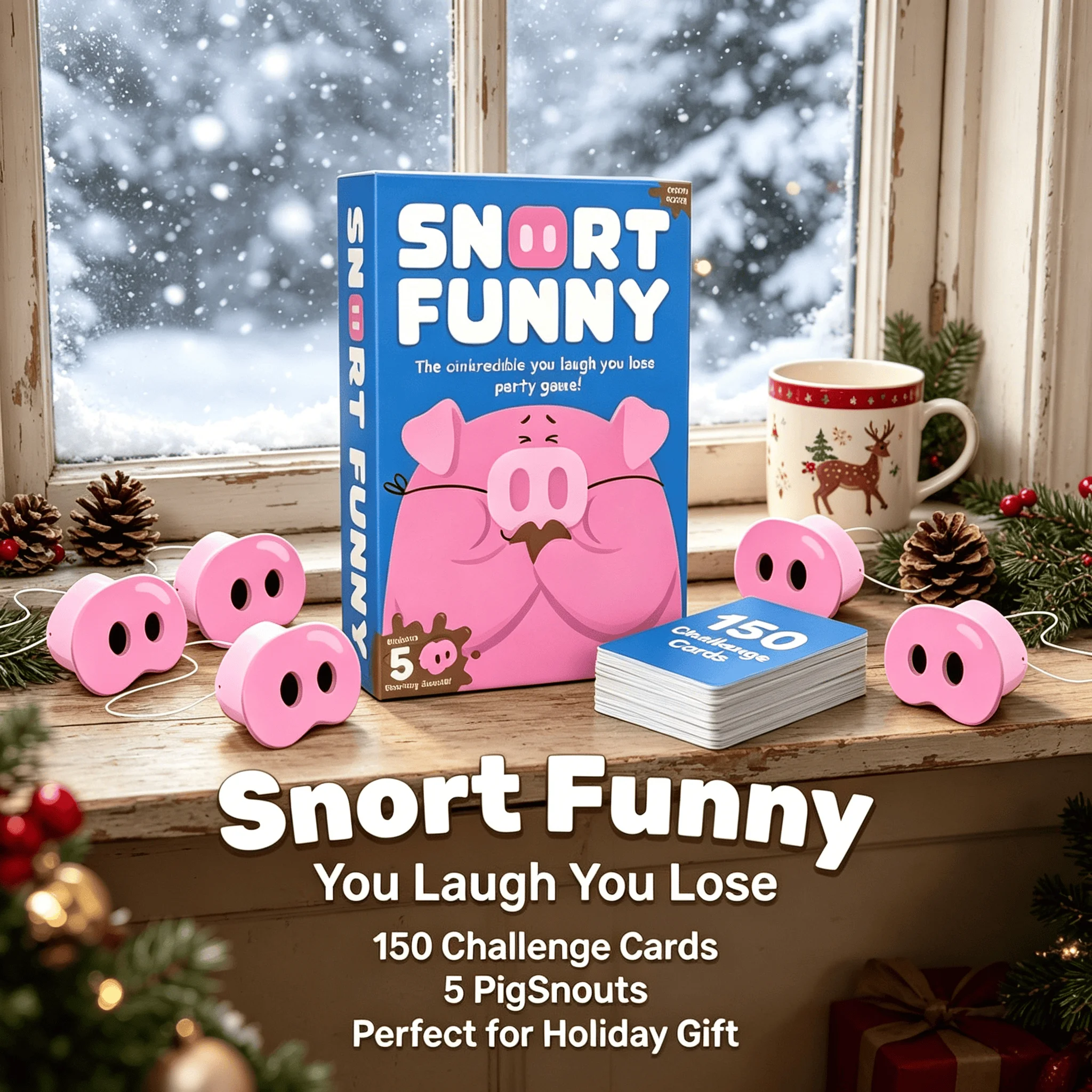 

Snort Funny Party Game – The Hilarious You Laugh You Lose Card Game with 150 Challenge Cards, 5 Pig Snouts & 60 Mud Tokens for Family & Friends Game Night