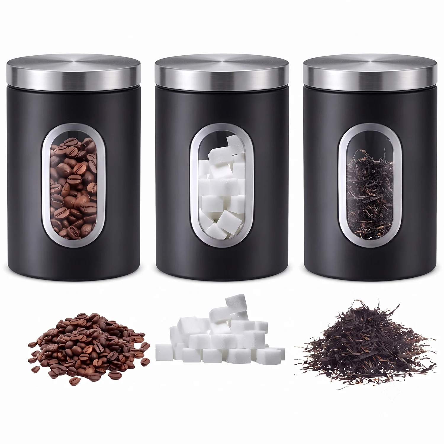 3er Set Kaffeedosen aus Edelstahl – luftdichte Vorratsdosen mit Sichtfenster & Deckel, 17,5×11 cm, ideal für Tee, Kaffee, Zucker, Nüsse & Kekse – schwarz, moderne Aufbewahrung für die Küche