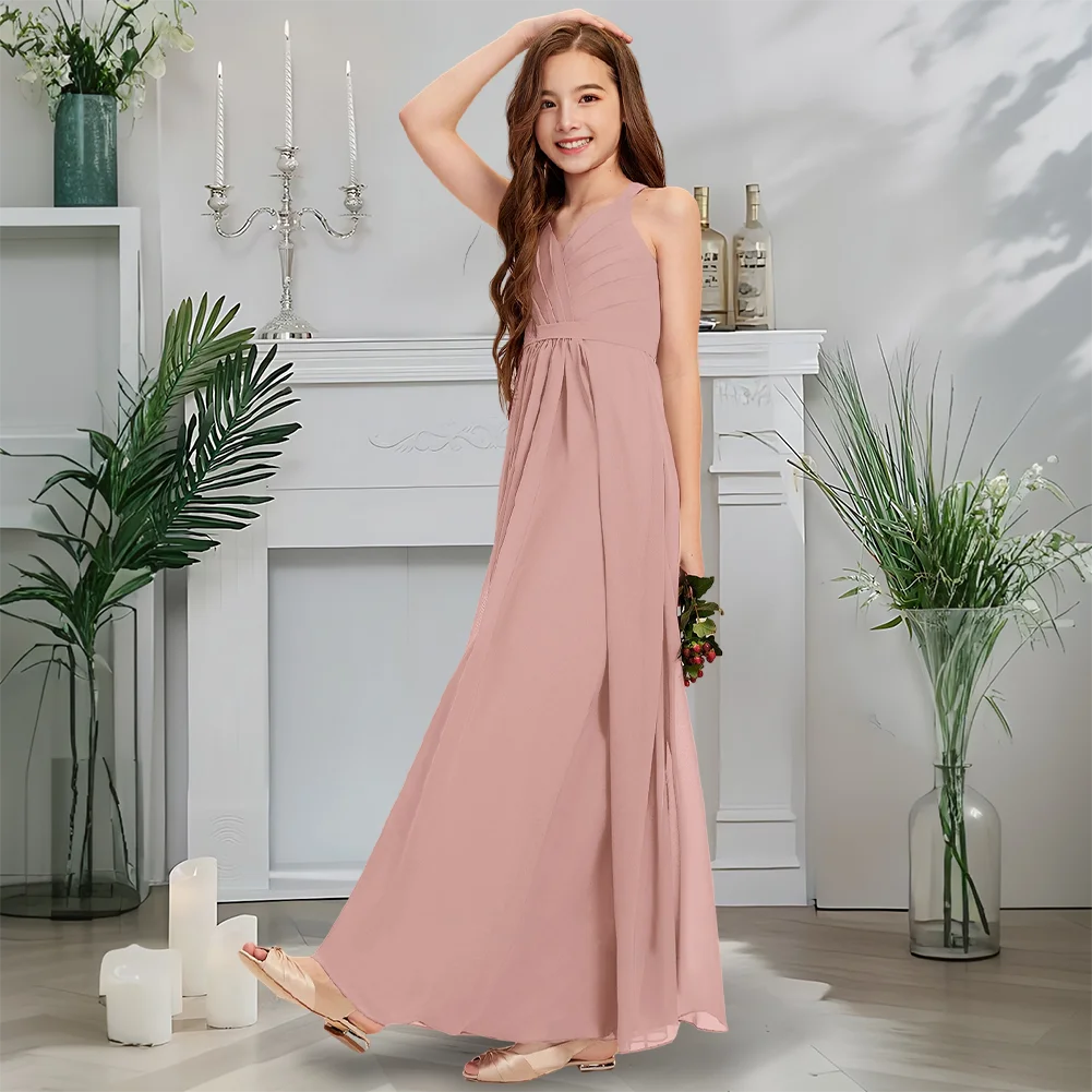 

Luxurious V-Neck Junior Bridesmaid Dress Merlot Flower Girl Dress Floor-Length Chiffon Graduation Wedding Dual Ceremony Party