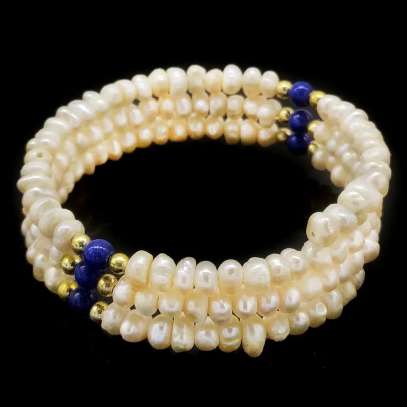 Wholesale 7 inches 4-5mm White Nugget Pearl Lapis Lazuli Memory Wire Bracelet