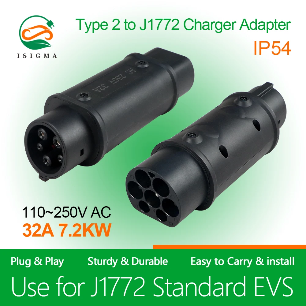 Adaptador de cargador EV para vehículo eléctrico, convertidor de conector de carga, 32A, 1 fase, 7,2 kW, tipo 2, IEC62196-2 a tipo 1, SAEJ1772