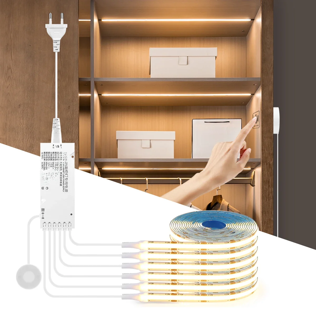 Dimbare LED-kastverlichting COB Strip Keukenplank Pantry Showcase Slaapkamer Kast Achtergrondverlichting Lamp Hand Touch Bewegingssensor Schakelaar - afbeelding 2