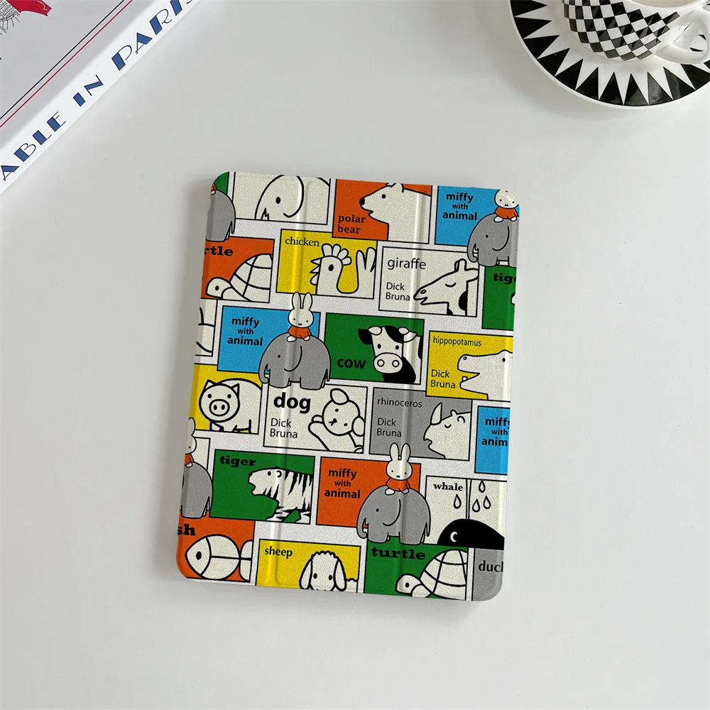 Cute Kawaii Aesthetic Miffy Zoo Animal Color Grid iPad Tri-fold Case Auto Wake Sleep For 2024 iPad 11' A16 Air5 Air4 IPad10 10.9