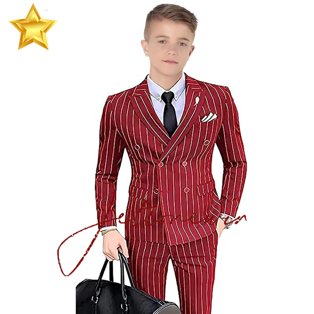 2 Pieces Boys Pinstripe Suit, Double-Breasted Boys Tuxedo Suits Set, Shawl Collar Wedding Formal Suits for Boys