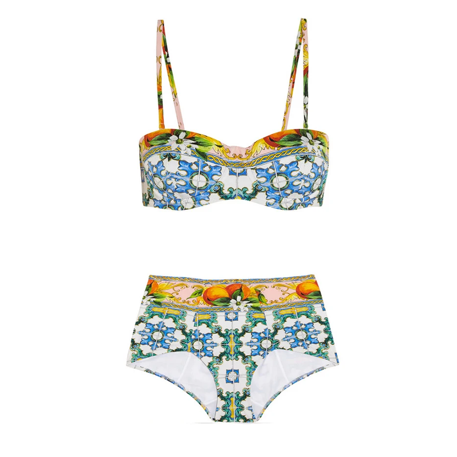 Vintage Print Bikini Separate Bandeau Swimsuit Set Women\'s Bandage Micro Monokini Sexy Summer Swiming Suit 2022 Luxury