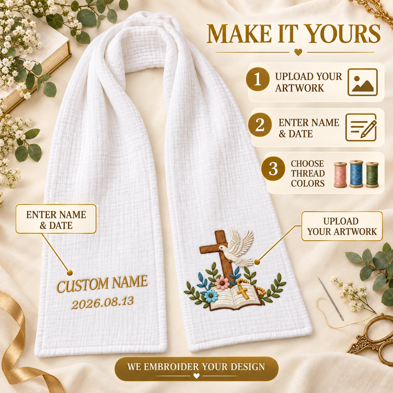Personalized Embroidered Shawl Custom Name Date Design White Stole Scarf for Wedding Baptism Graduation Gift