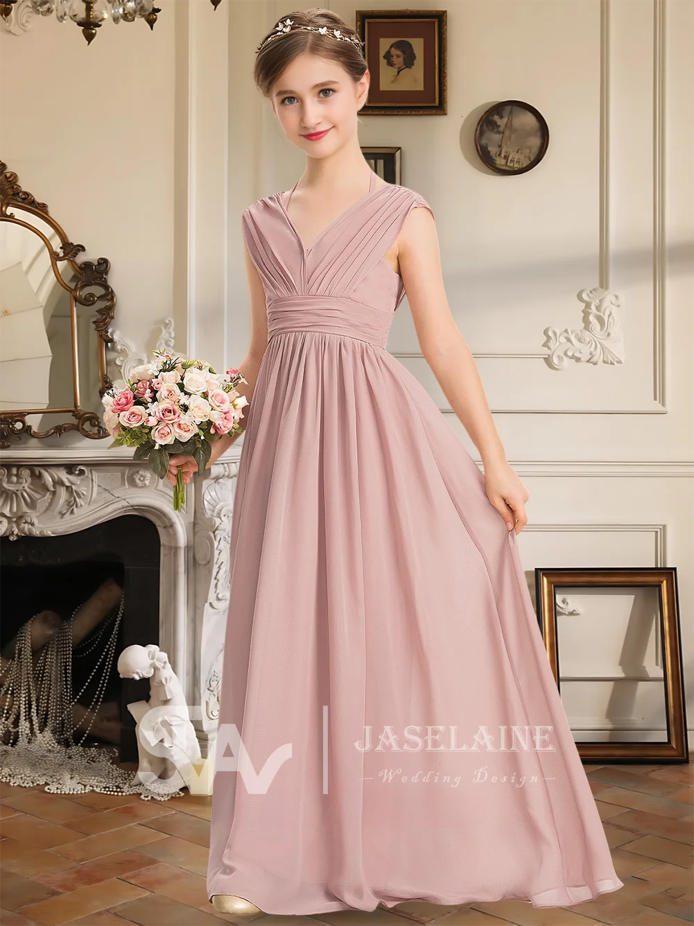 B Kids Dusty Rose A-Line V-Neck Floor-Length Chiffon Bow Junior Bridesmaid Dress Flower Girl Dress Wedding Party Girls Formal