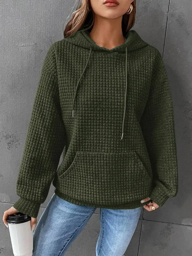 Women's Winter Thick Waffle Knit Solid Color Round Neck Pocket Sweatshirt Hip Length Crinkled Hoodie Women's Hoodies And