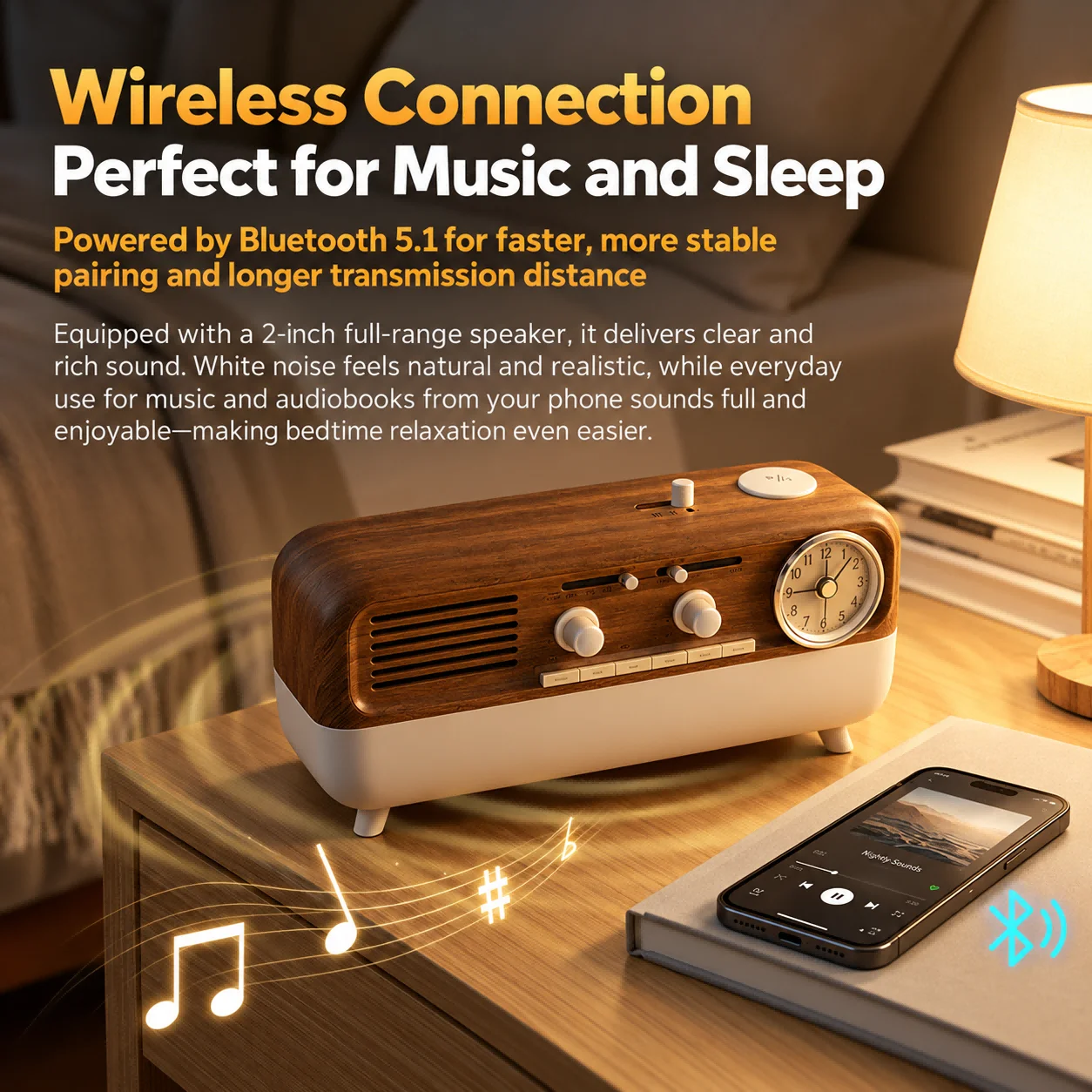Retro Bluetooth Speaker with White Noise for Sleep, Adjustable Warm & Cool Ambient Light, Alarm Clock, Decorative Gift