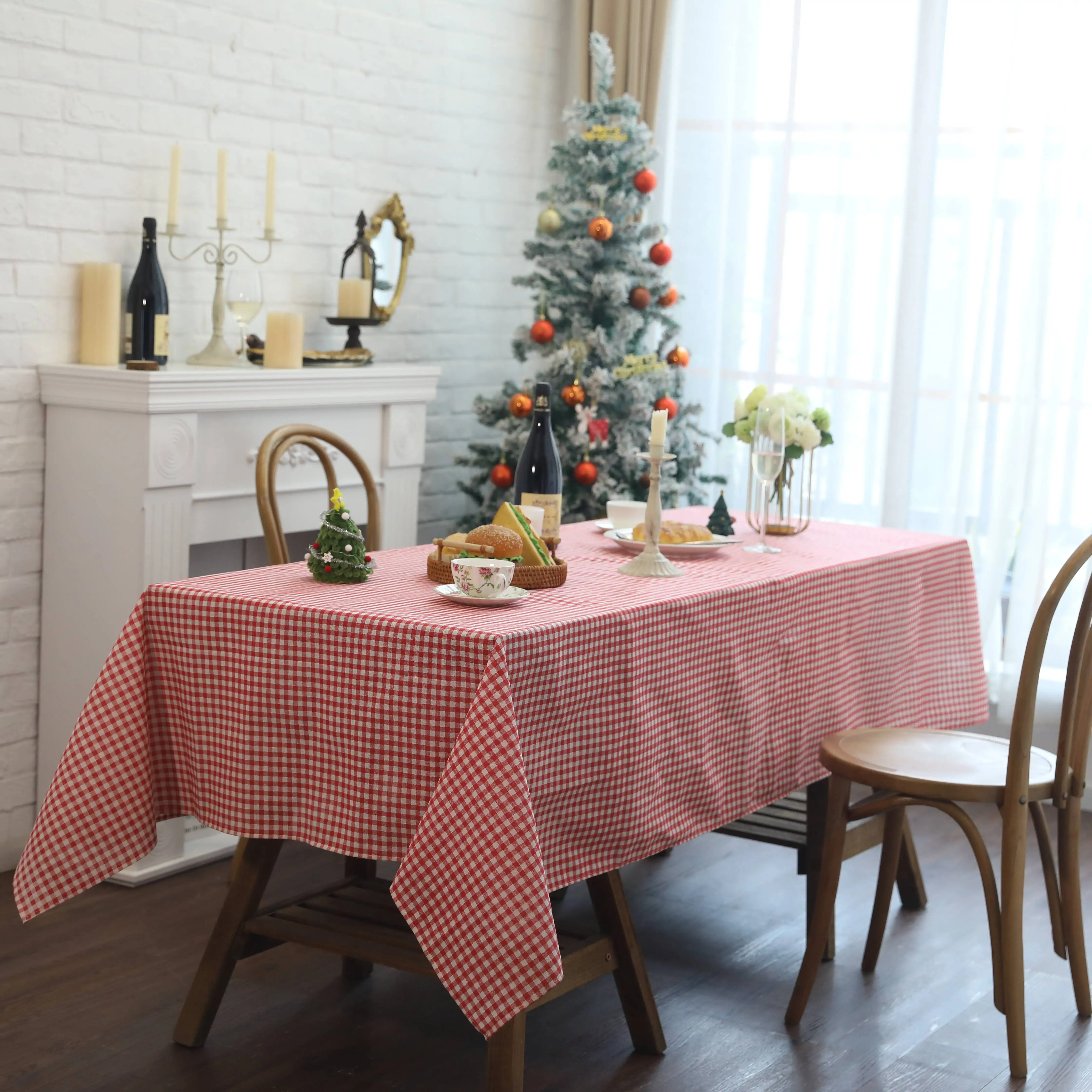 Rectangle Table Cloth,Checkered Polyester Tablecloths,Wipeable Reusable Hand Washable Table Cover for Picnic,Dining Table, Red