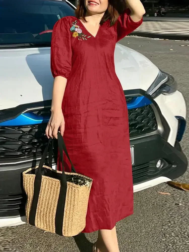 ZANZEA Women V Neck A-line Vestidos Solid Holiday Casual 2024 Summer Dresses Commute Half Sleeve Floral Embroidery Midi Dress — zdjęcie 2