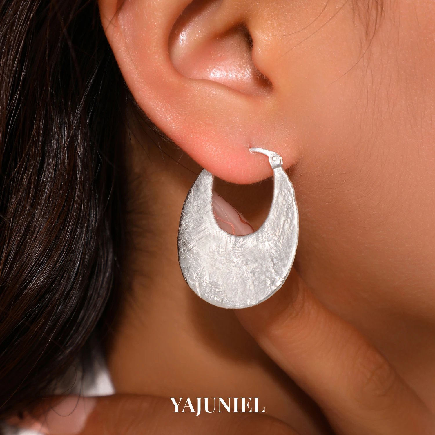 YAJUNIEL White Gold Plated Hammered Hoop Earrings for Women Hypoallergenic Brass Textured Teardrop Crescent Hoops Jewelry Gift