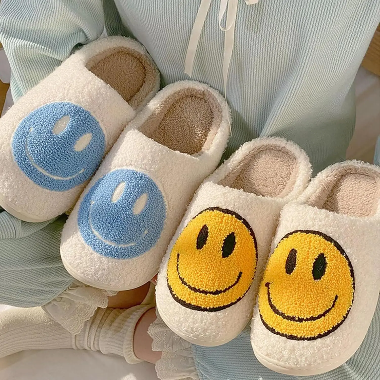 Smile Face Hausschuhe für Damen und Herren, Retro, bequem, warm, weich, flauschig, Plüsch, Hausschuhe, lustig, süß, glückliches Lächeln, Zuhause, Winter