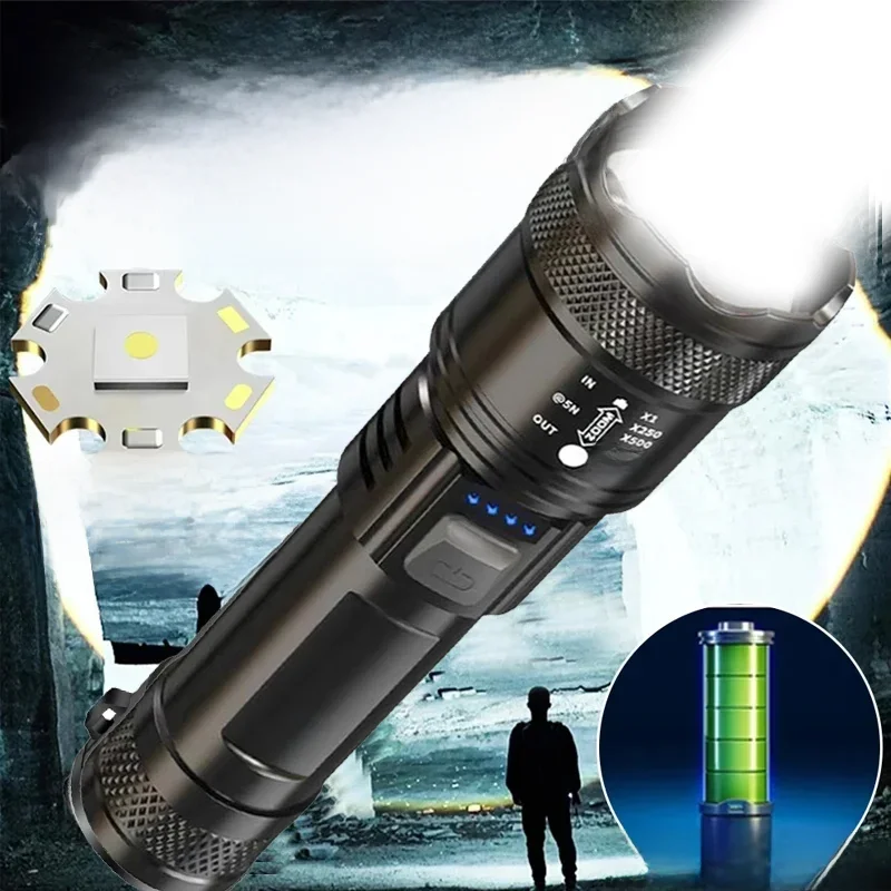 Hochstarke LED-Taschenlampen, 2000 lm, taktische Taschenlampe mit Display-Licht, USB-Aufladung, Camping, Angeln, Notfall-Zoom-Laterne