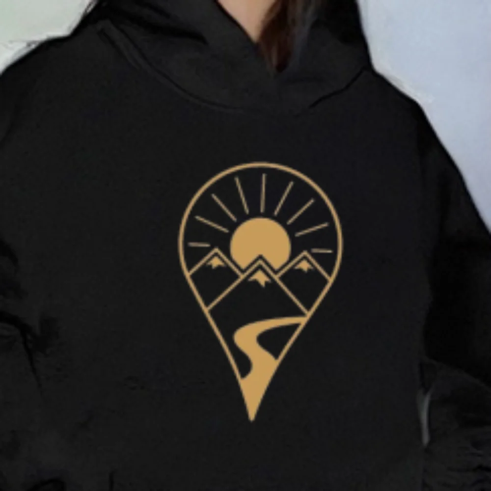 Mountain Sun Road Hoodie Sweatshirt Adventure Inspired Graphic Casual Loose Long Sleeved Unique Trendy Fashionable Tops Cloth