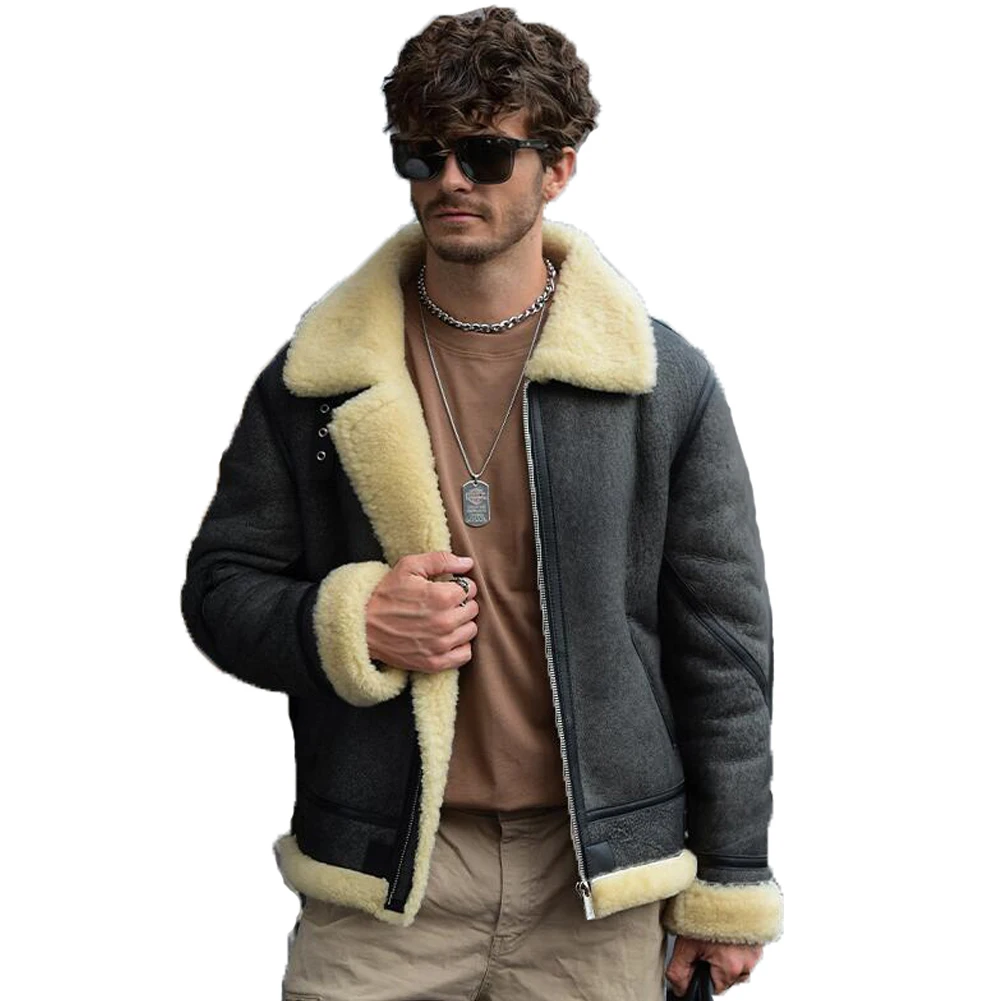 

Denny&Dora Mens Shearling Jacket Lapel Collar Short Sheepskin Coat Grey Casual Leather Jacket