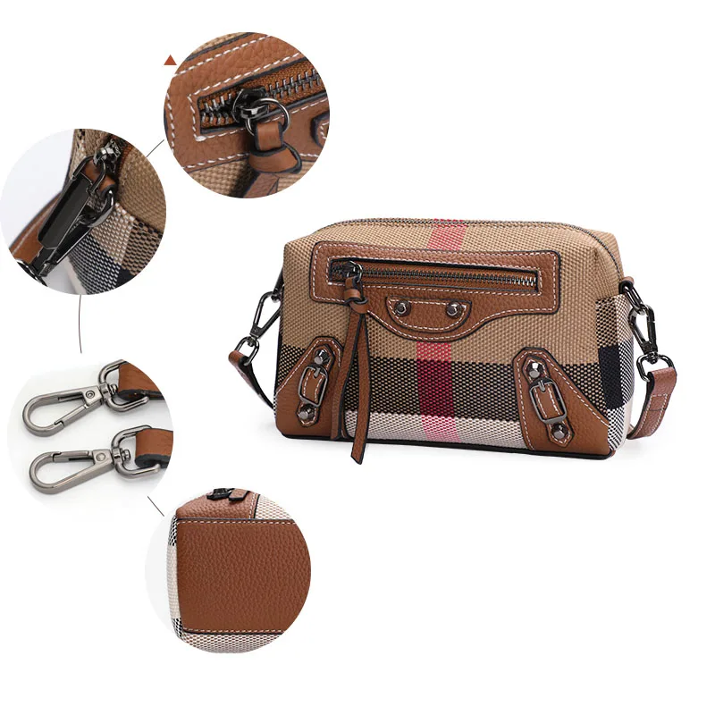 Aidrani Classic and quirky motorcycle bag, genuine leather women\'s checkered shoulder bag, retro square mini crossbody bag