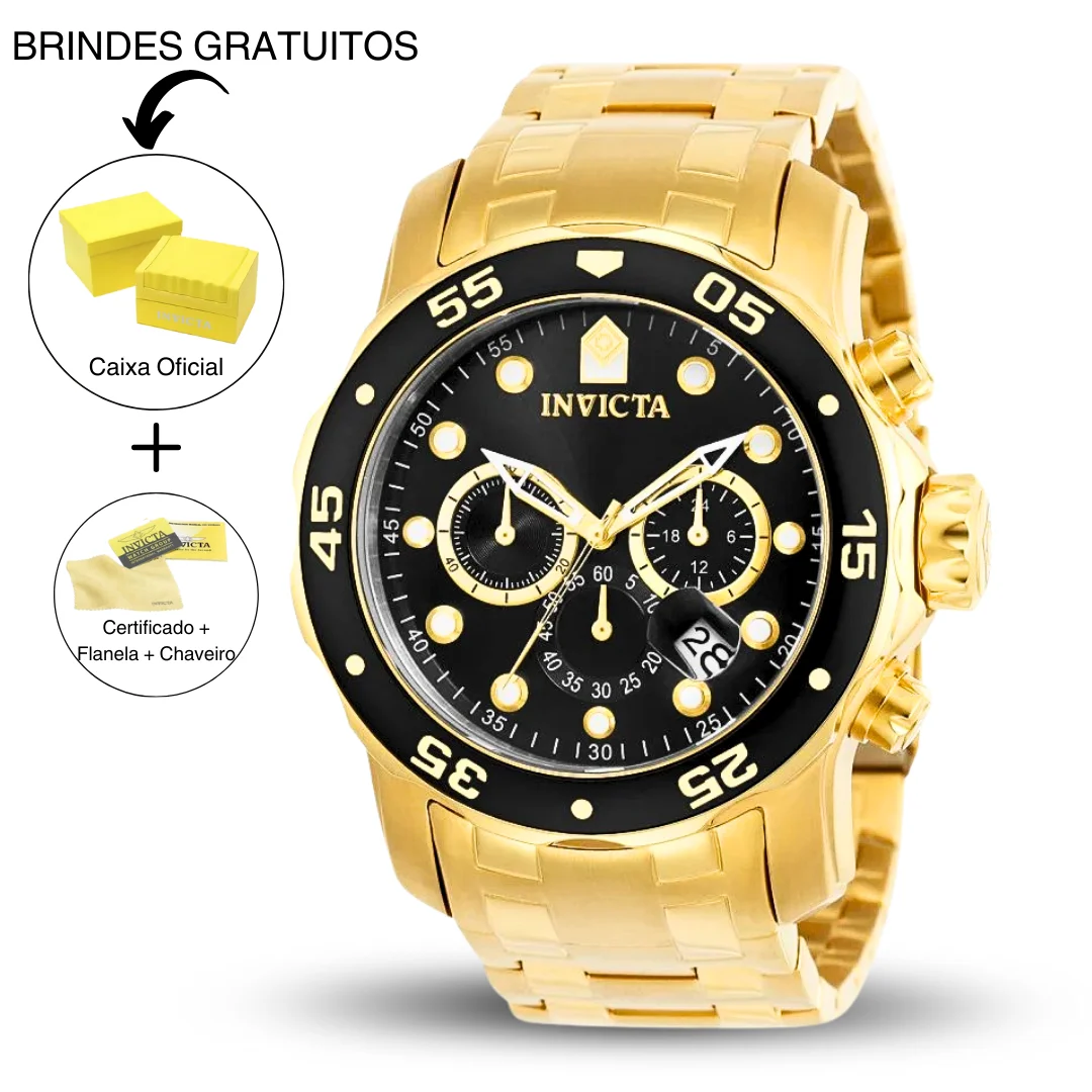 Relógio Masculino de Luxo Invicta Pro Diver 0072 Banhado a Ouro 18K Funcional À Prova D'água Enviado Completo na Caixa