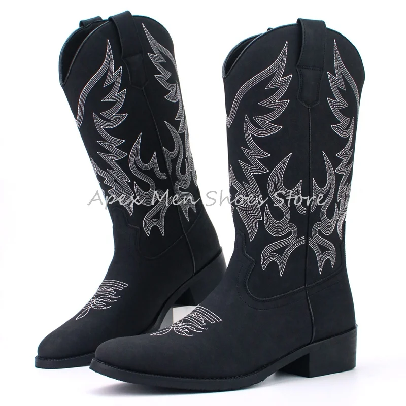 New Arrival Sewing Western Cowboy Boots Men's Zipper Mid Calf Leather Boots Retro Pointed Toe Riding Boots British Work Botas