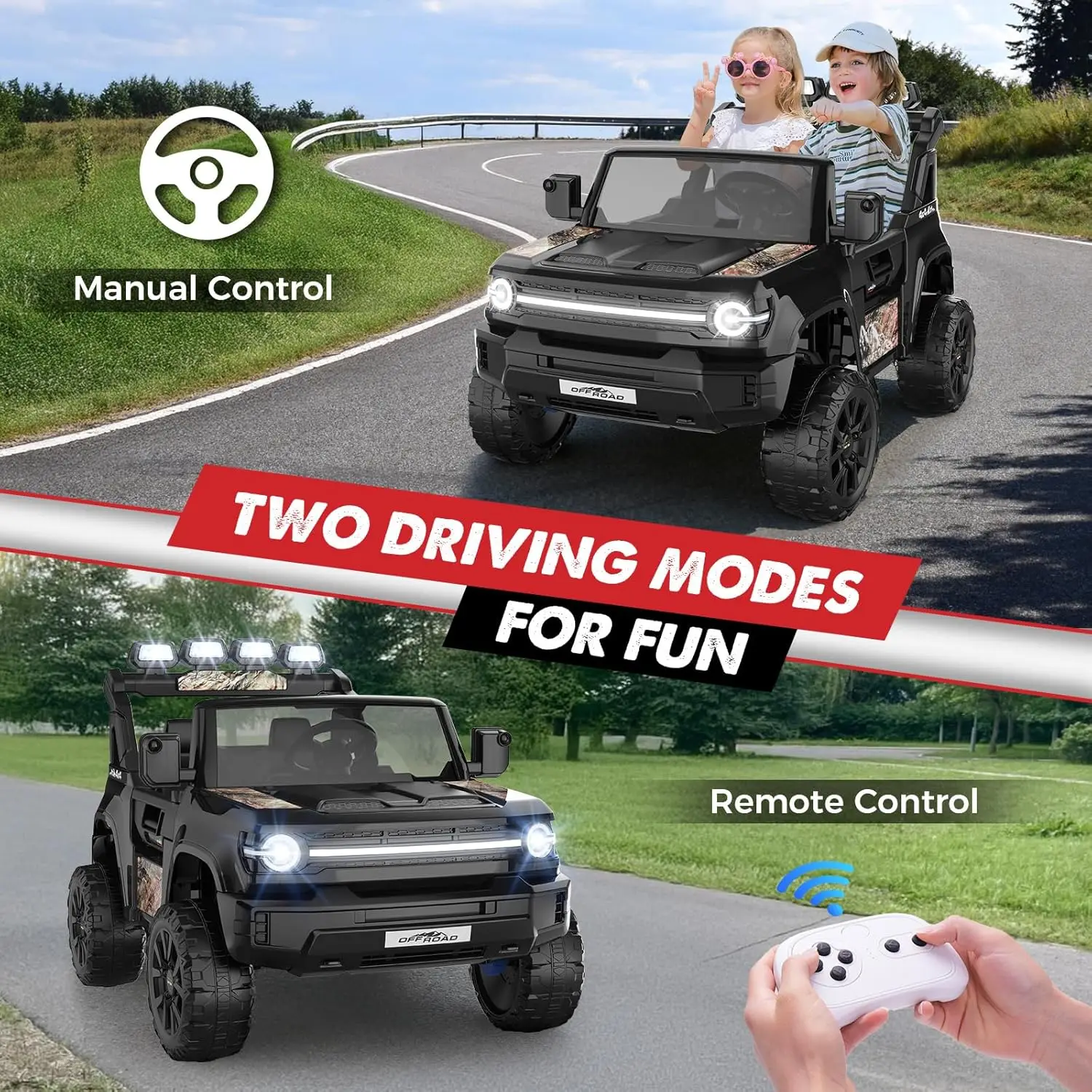 24V elektrische auto voor kinderen 2-zits rit op vrachtwagen met 4x4 krachtige wielen, afstandsbediening, 21" ruime en 4WD/2WD schakelbaar