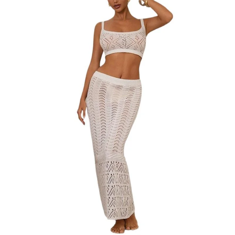

2PCS Women's Sexy Long Beach Dress Hollow Out Knit Crop Top And High Waist Skirts Bottom Crochet Bikini Cover-Up Swimwear