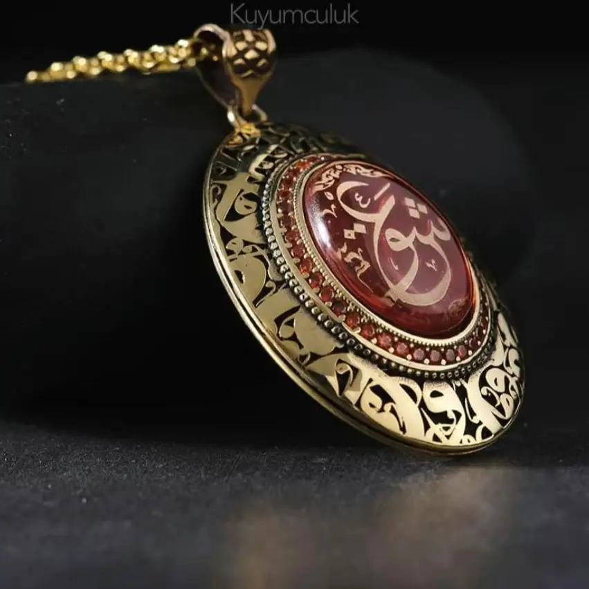 Customizable Red Amber Carved Women's Necklace with Micro Stone Detail