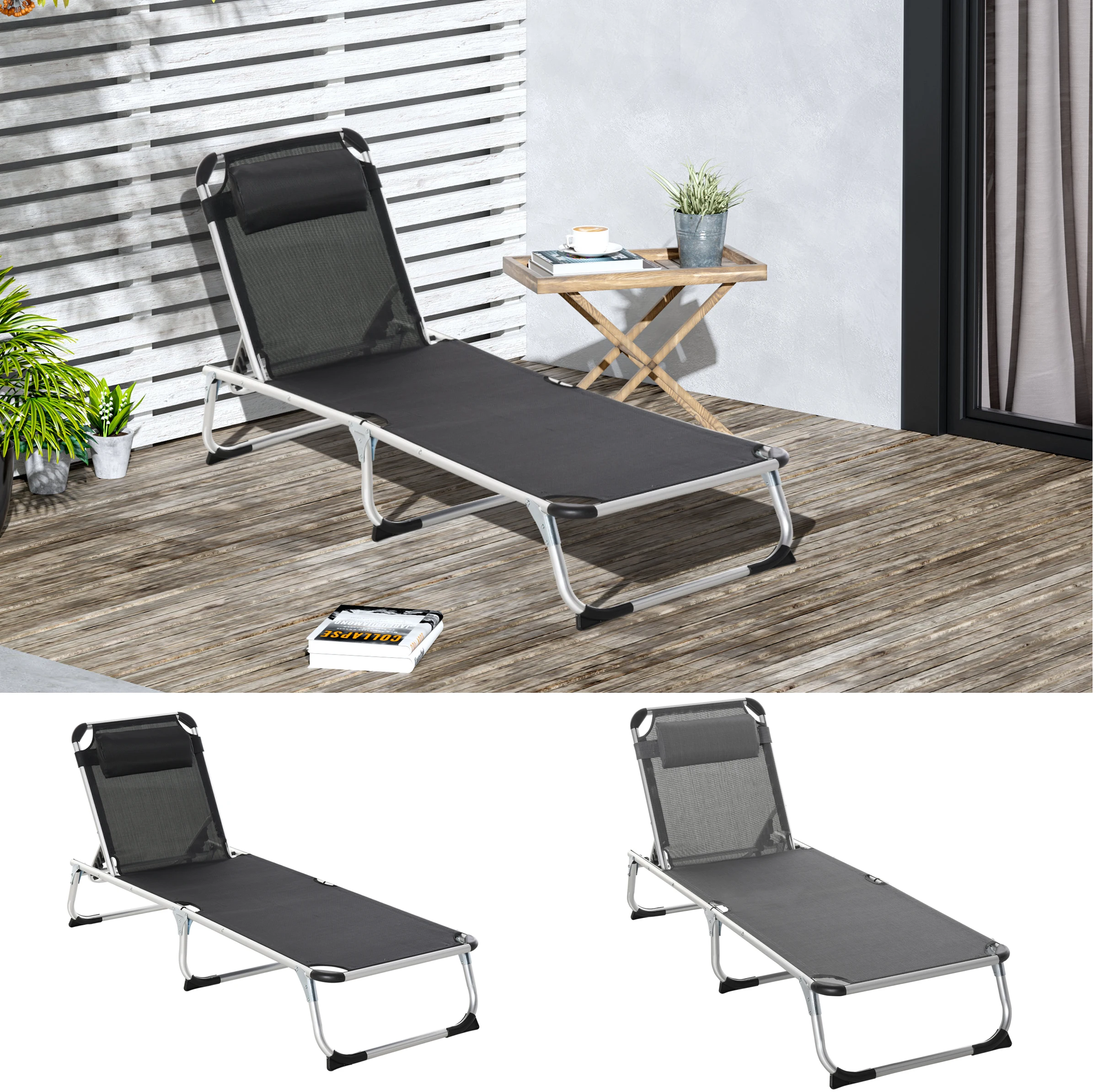 Outsunny folding reclining lounger with removable headrest and breathable backrest adjustable in 4 positions 70x60x76 cm