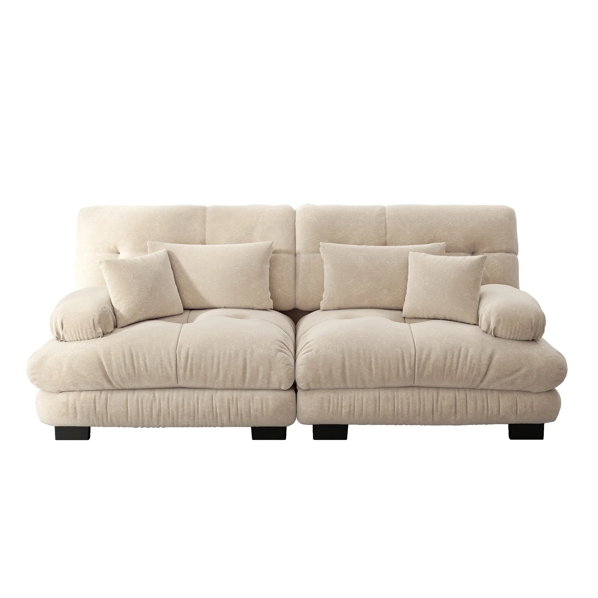 Canapé Modulaire 2 Places Style Nuage avec Coussins Lombaires et Décor, Assise Profonde en Chenille Café Clair