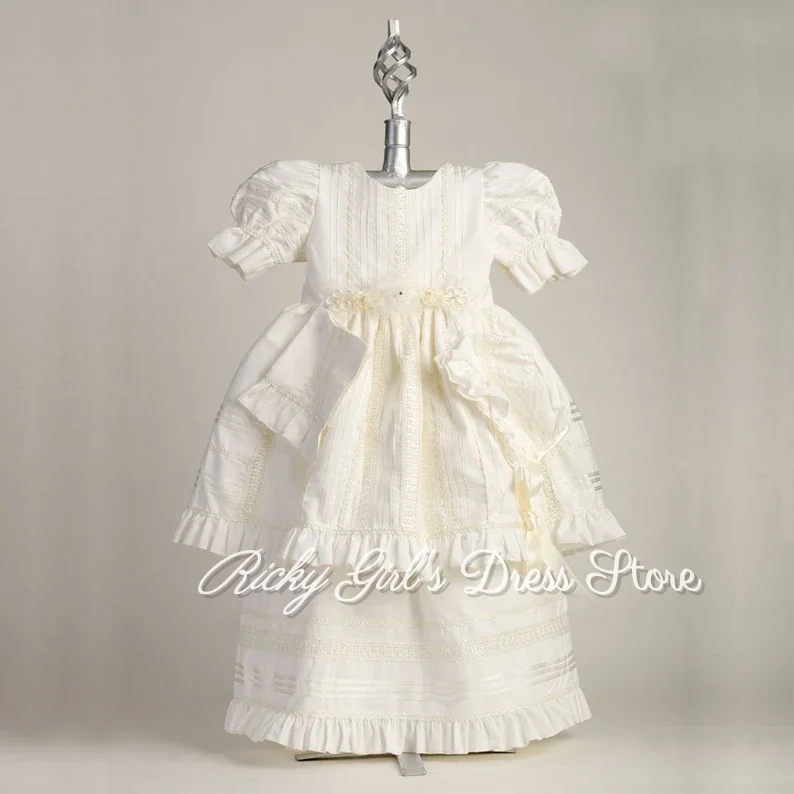 Baby Girl Vintage Lace Princess Dress For Casual Birthday Holiday Baptism Ivory Short Sleeve Kids First Communion Gown Custom