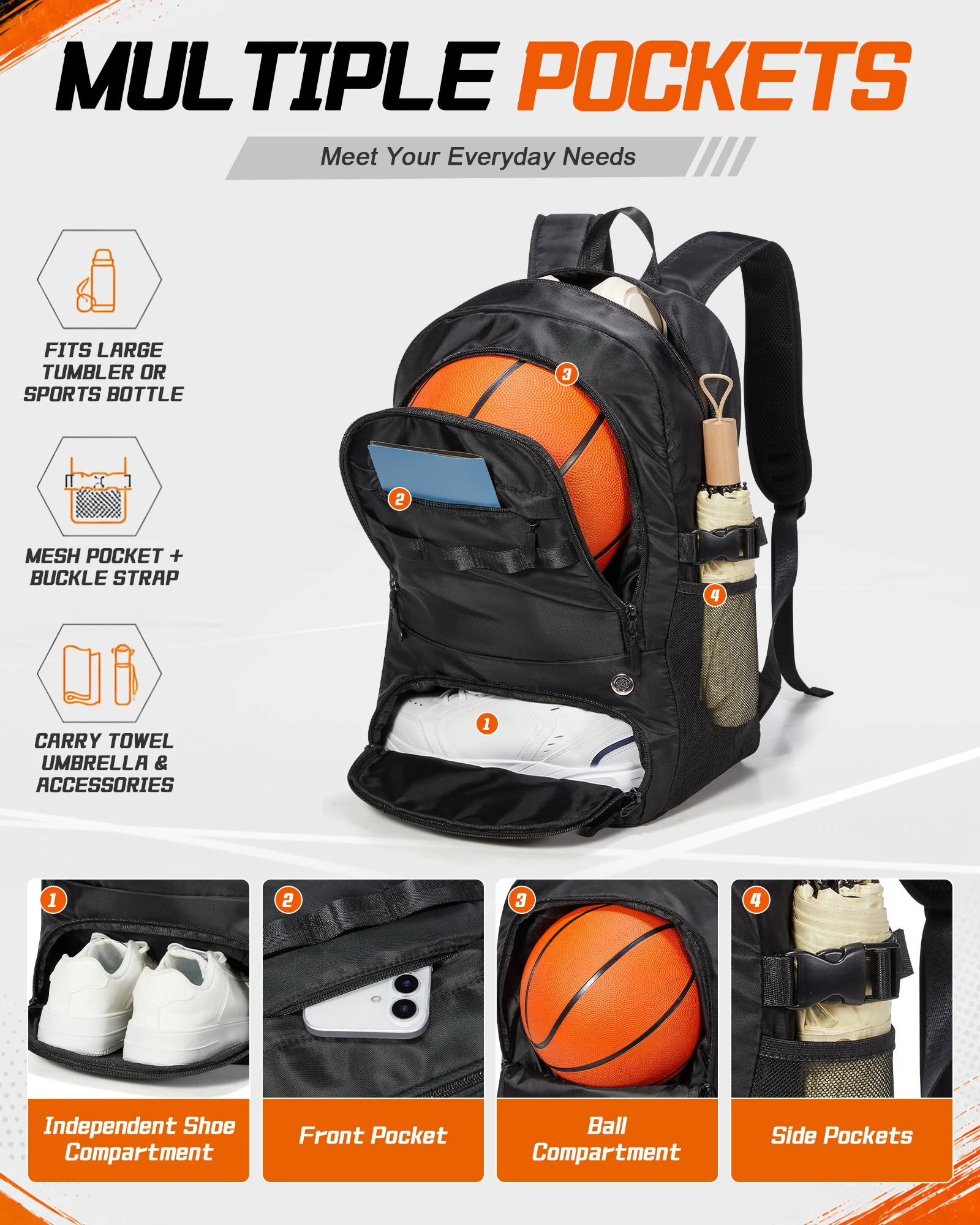 Großer Basketball-Rucksack, Fußballtasche mit Ballfach und Schuhfach, Sportrucksack mit Tasche für Wasserflaschen – Detail 3