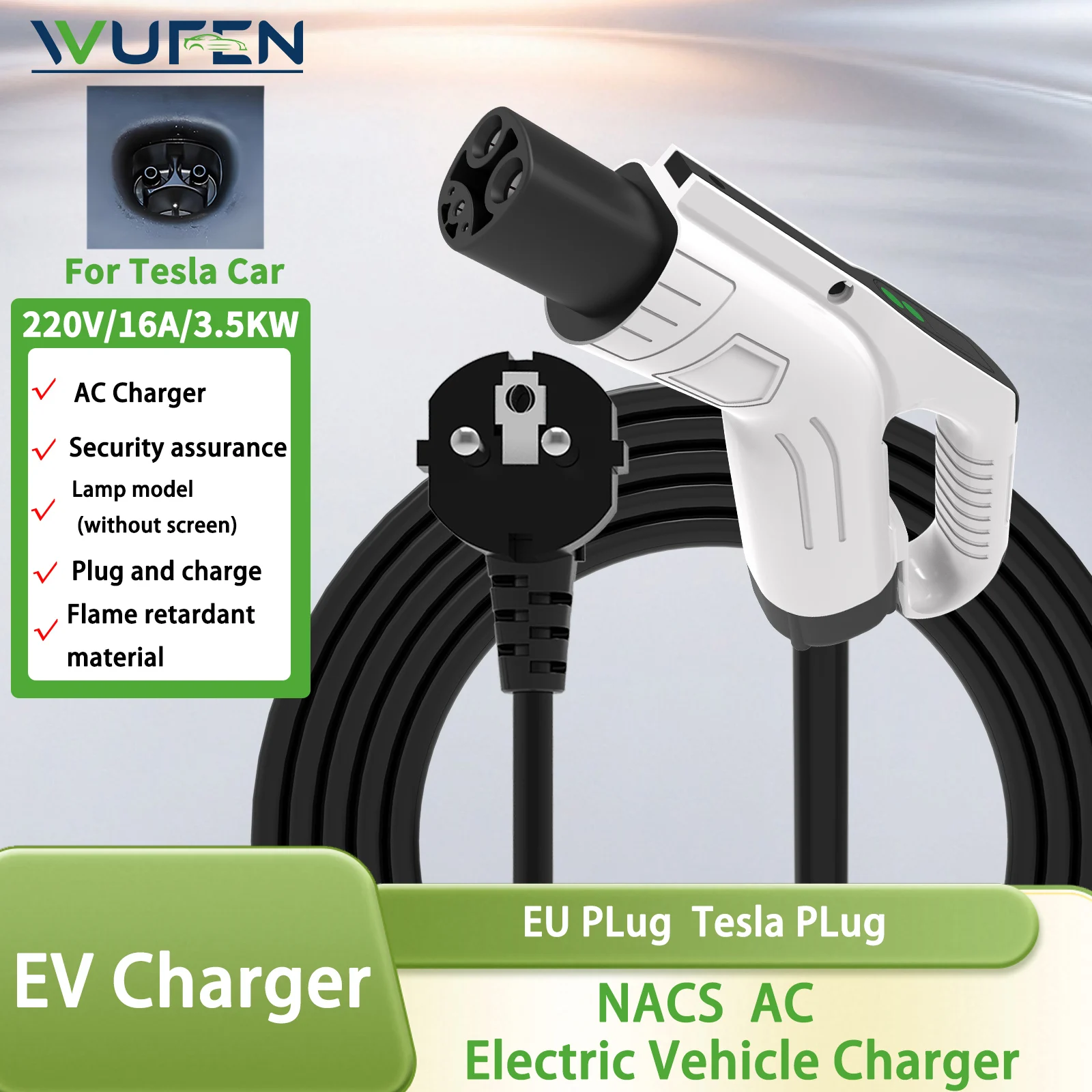 

WUFEN 3.5KW 16A Portable Electric Vehicle EV Charger with 1M-5M Cable Tesla EVSE EU Plug NACS Charging for Electric Cars