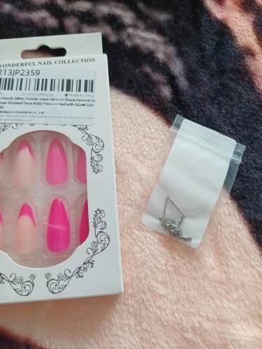 Rose Pink French Glitter Powder Wearable Almond Shape Fashion Fake Nails Full Cover Finished False Nails Press on Nail with Glue photo review