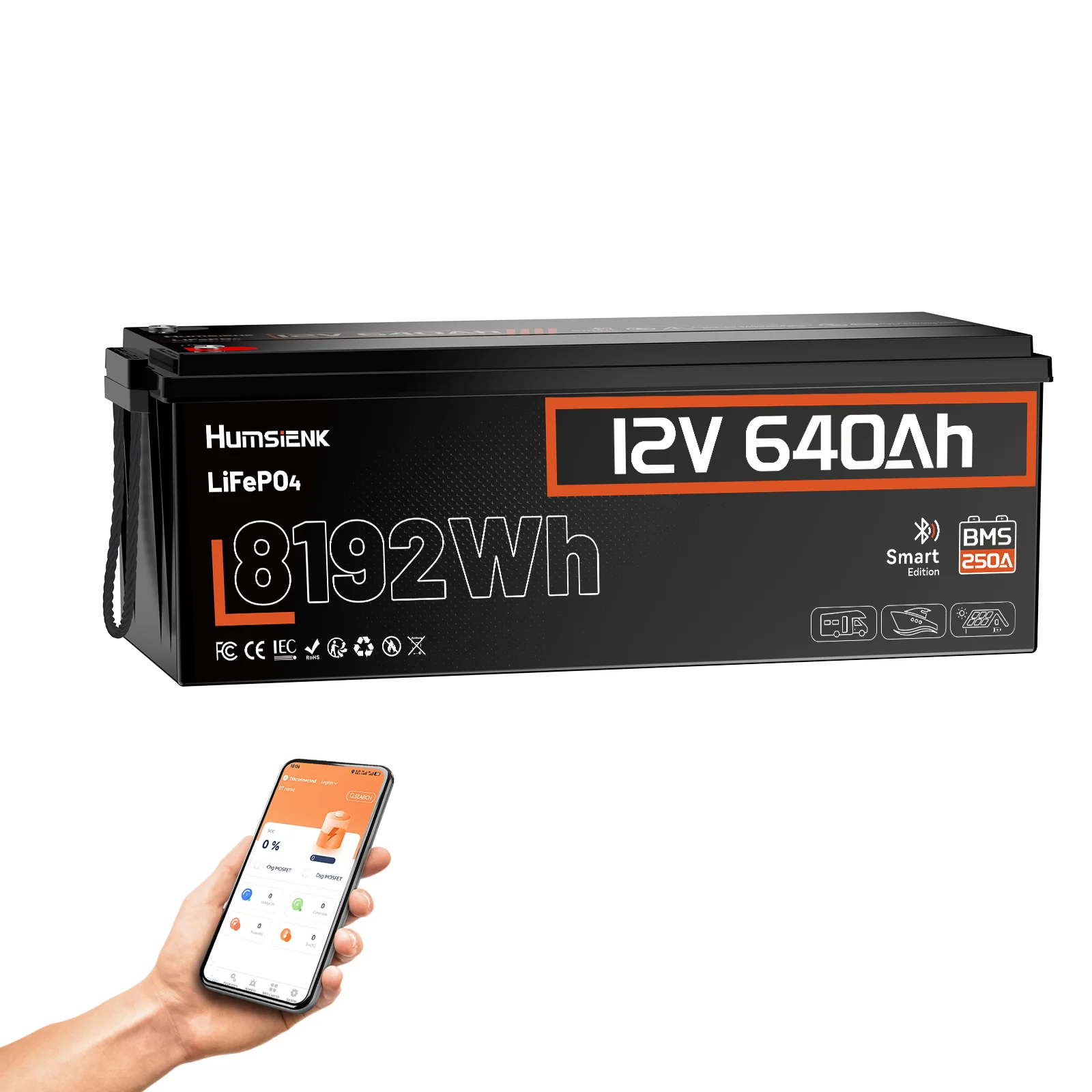 Humsienk 12V 640Ah Akumulator Litowy LiFePO4 Bluetooth, 250A BMS, 15000+ Cykli, Akumulator LiFePO4 600Ah+, IP65 i Ochrona Przed Niskimi Temperaturami, Maks. Wydajność 8192 Wh, idealna do systemów — 2