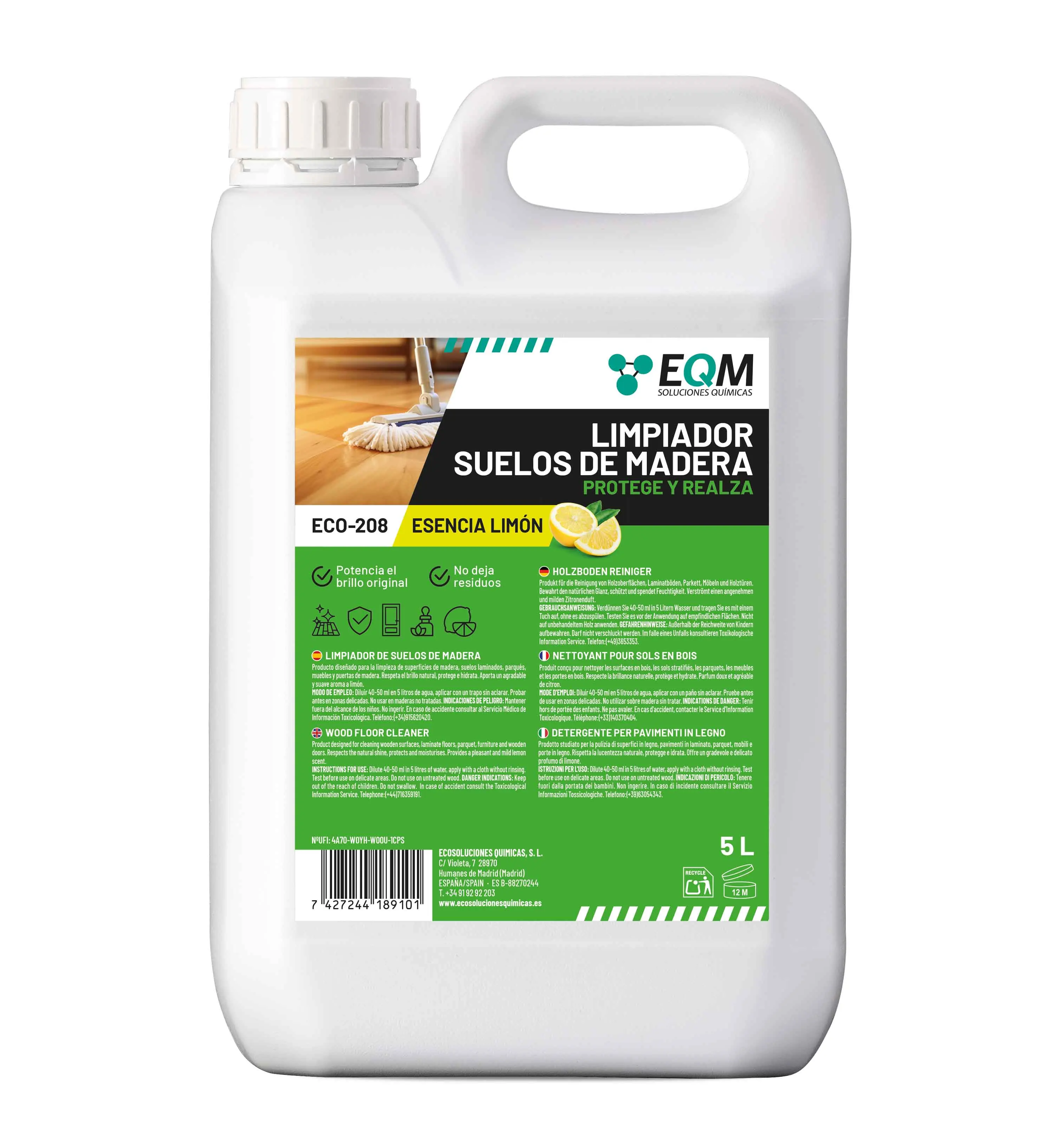 EQM - ECO-208 - Limpiador de Suelos de Madera - Limpia, protege e hidrata parquet, tarima, laminados, muebles y puertas