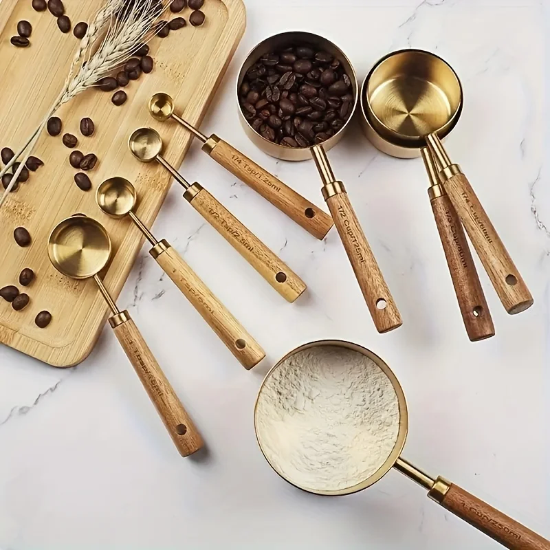 

8pcs Set Stainless Steel Measuring Cups And Spoons With Acacia Wood Handles Baking Tools Spice Spoon & Coffee Scoop